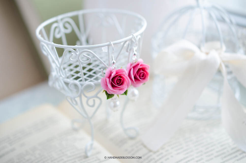 Pink rose dangle earrings, Flower jewelry, Shabby chic accessories