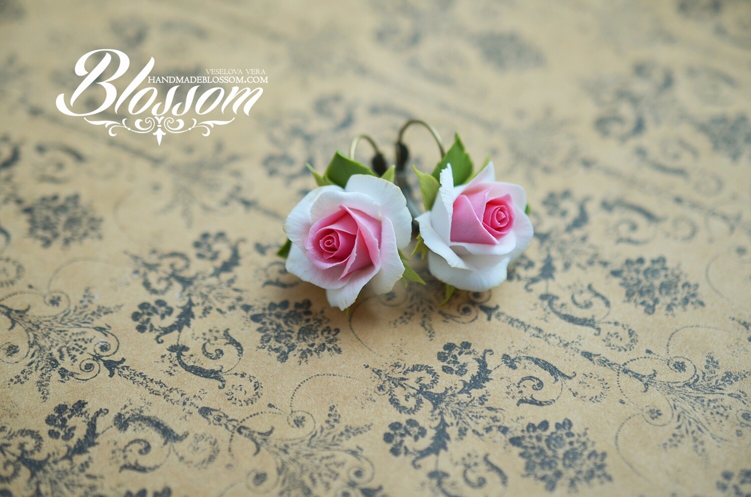 White pink rose earrings and ring, Roses jewelry set