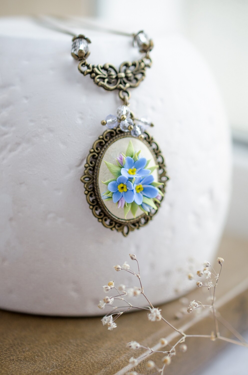 Forget me not necklace, Blue myosotis flowers pendant, mother's day gift