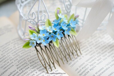 Forget me nots flowers hair comb, Blue wedding jewelry