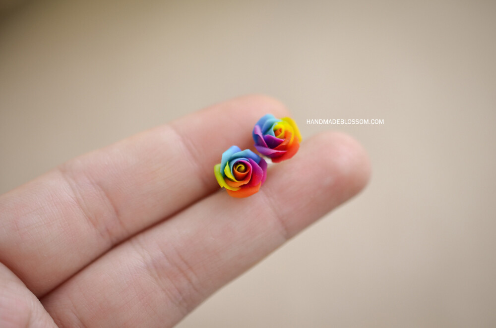 Miniature rainbow rose earrings, Flower studs