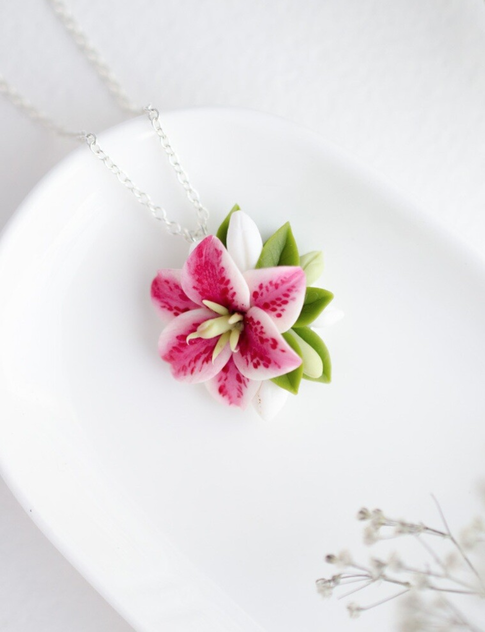 Stargazer lily necklace, Pink lily jewelry