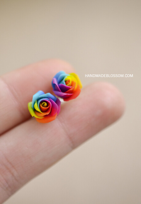 Rainbow rose earrings, Flower studs