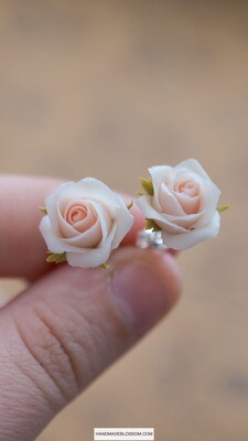 Delicate white and peach rose earrings, Wedding studs