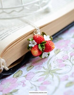 Red Strawberry Necklace, Berry and flowers charm