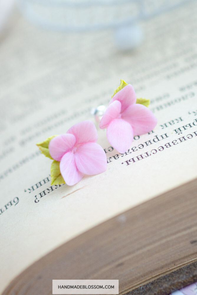 Pink hydrangea stud earrings, Pink flower earrings