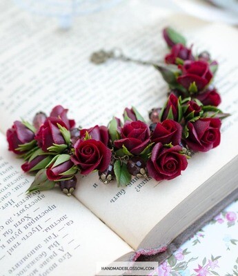 Dark red rose bracelet, Burgundy floral jewelry