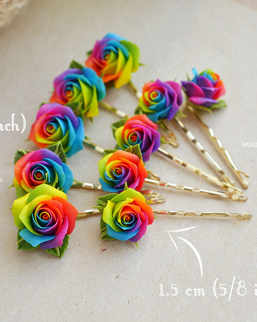 Rainbow roses bobby pins, Multi color wedding set