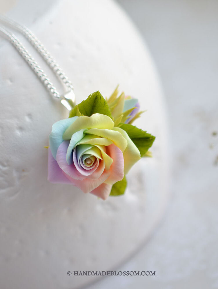 Pastel rainbow rose necklace, Handmade jewellery charm