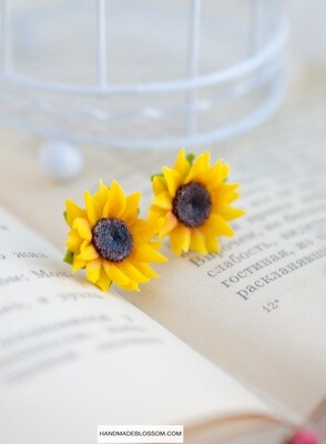 Sunflower stud women earrings, Yellow jewelry gift