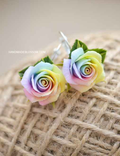 Pastel rainbow rose earrings, Multi color jewelry