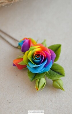 Rainbow rose necklace, Tie dye rose pendant