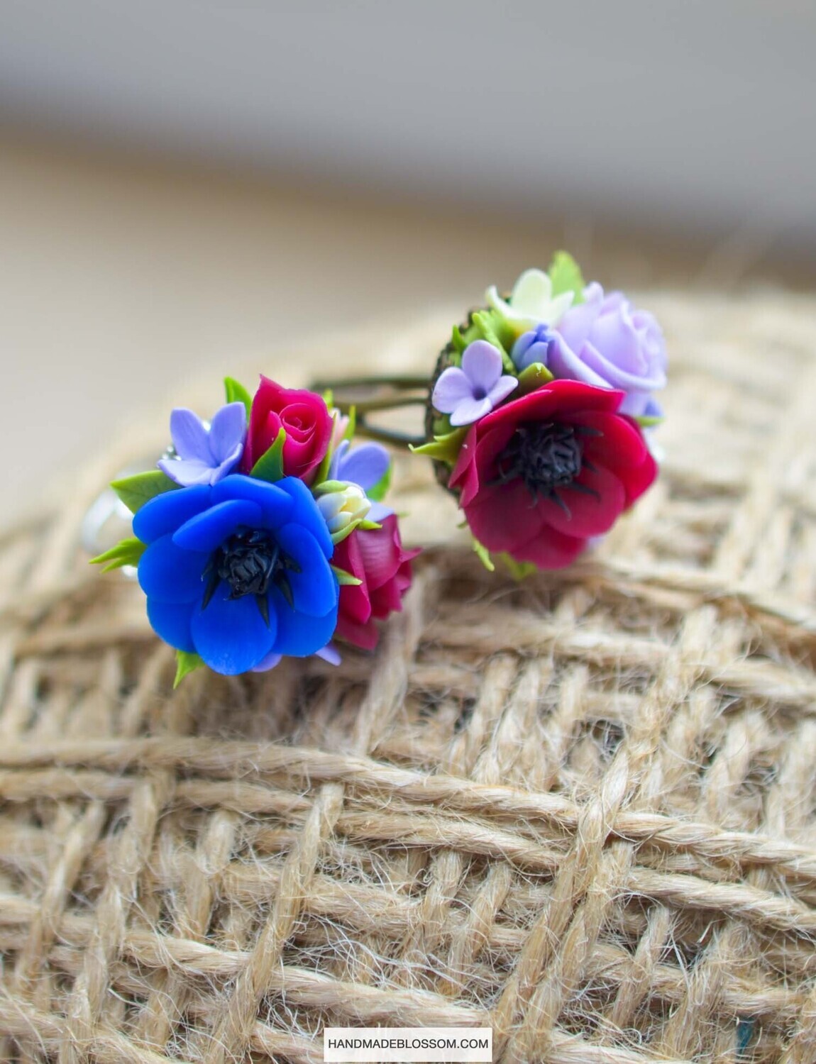 Red and Blue anemone flower ring, Polymer clay jewelry