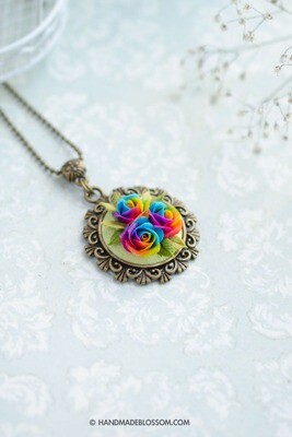Miniature rainbow rose necklace, Multi color rose jewelry