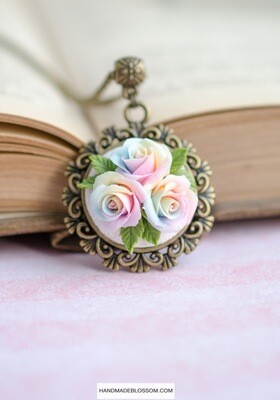 Miniature pastel rainbow rose necklace, Multi color rose jewelry