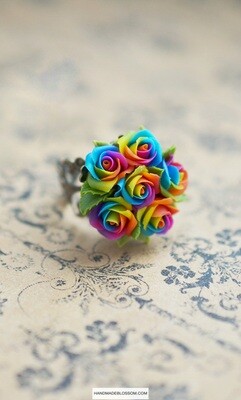 Miniature Rainbow Rose Ring, Multicolor Polymer Clay