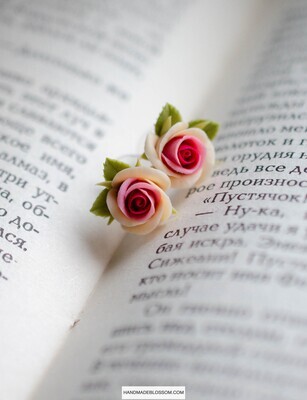 Tiny beige / bright pink rose stud earrings, Flower mood jewelry