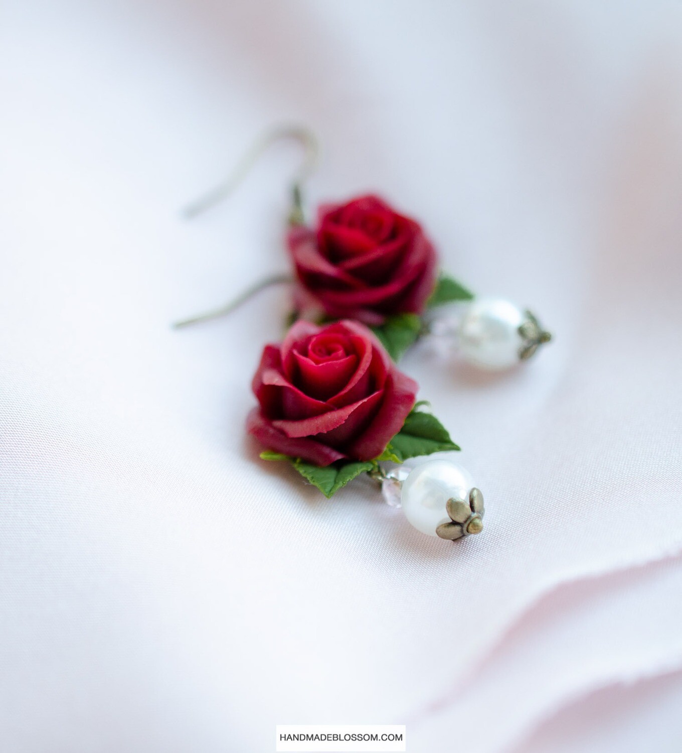Dark red rose earrings, Dangle flower jewelry