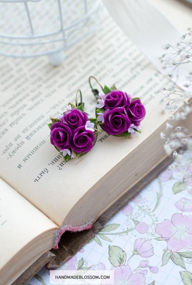 Purple rose dangle earrings, Lilac flowers gifts