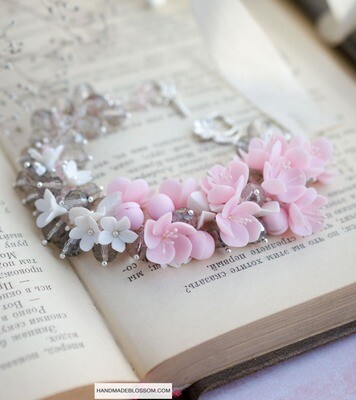 Pink sakura blossom bracelet, Pink flowers and gray glass beads