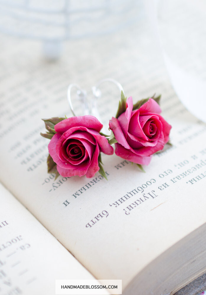 Handmade elegant bright pink rose earrings, Dangle flower jewelry