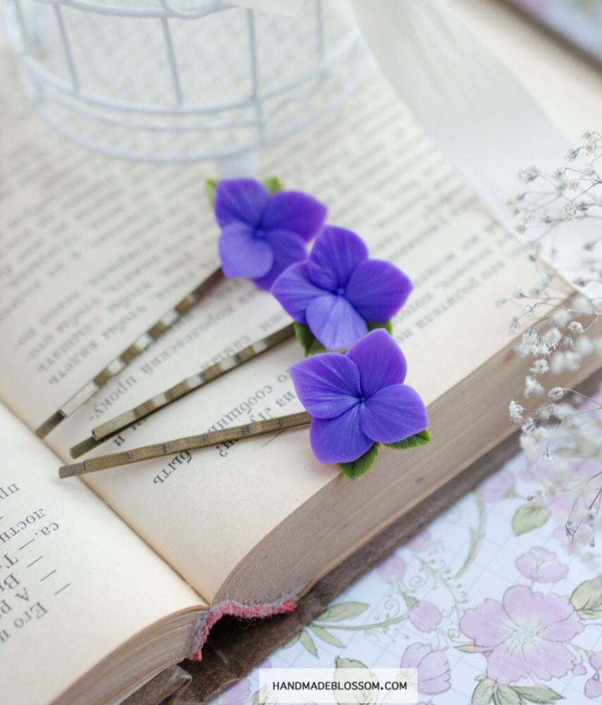 Purple hair pin with hydrangea flowers, Polymer clay accessories