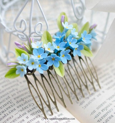 Forget me nots flowers hair comb, Blue wedding jewelry