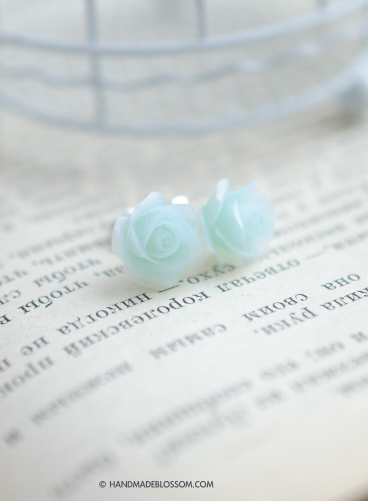 Mint roses stud earrings, Tiny translucent studs