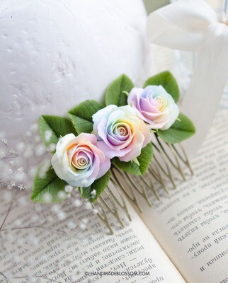 Pastel rainbow rose hair comb with three roses, Multicolor accessories
