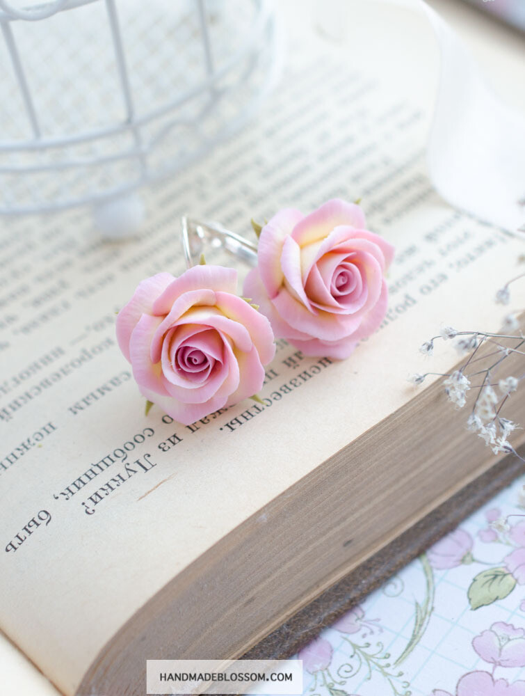Stylish and elegant soft pink rose earrings, Dangle flower jewelry