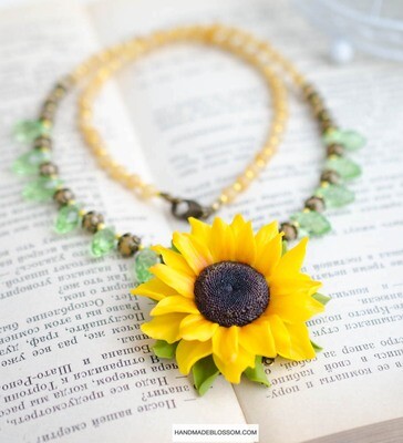 Bright yellow sunflower necklace, Summer polymer clay jewelry