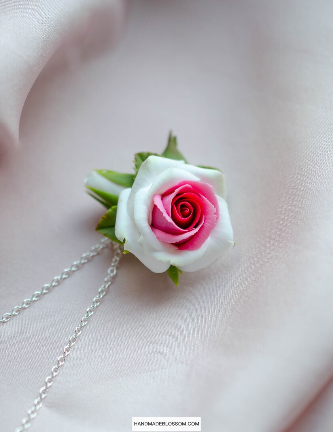 Polymer clay rose necklace in red and white, Handmade flower jewelry