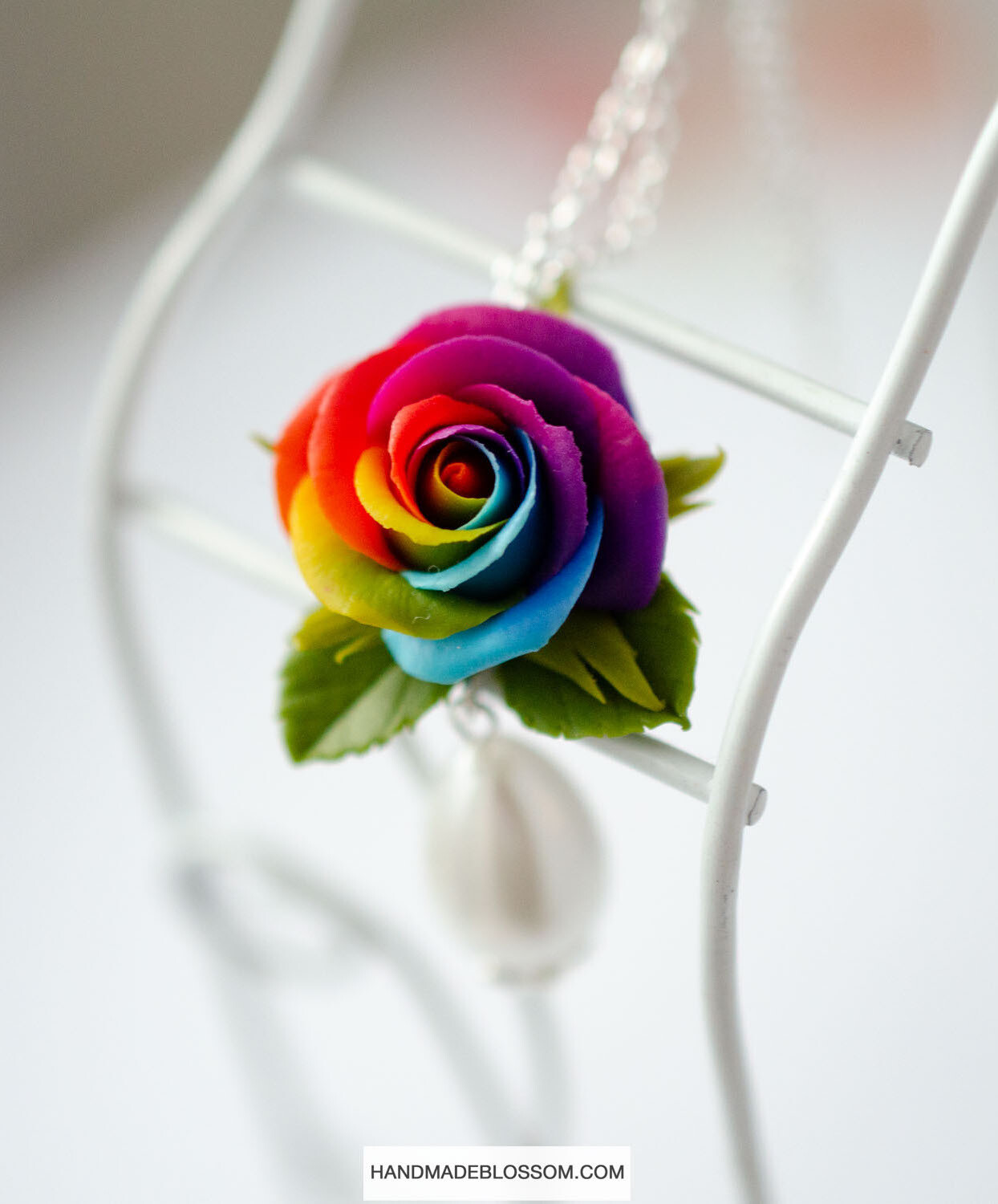 Rainbow rose necklace, Polymer clay rose jewelry