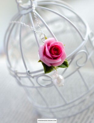 Pink rose necklace, Polymer clay rose jewelry
