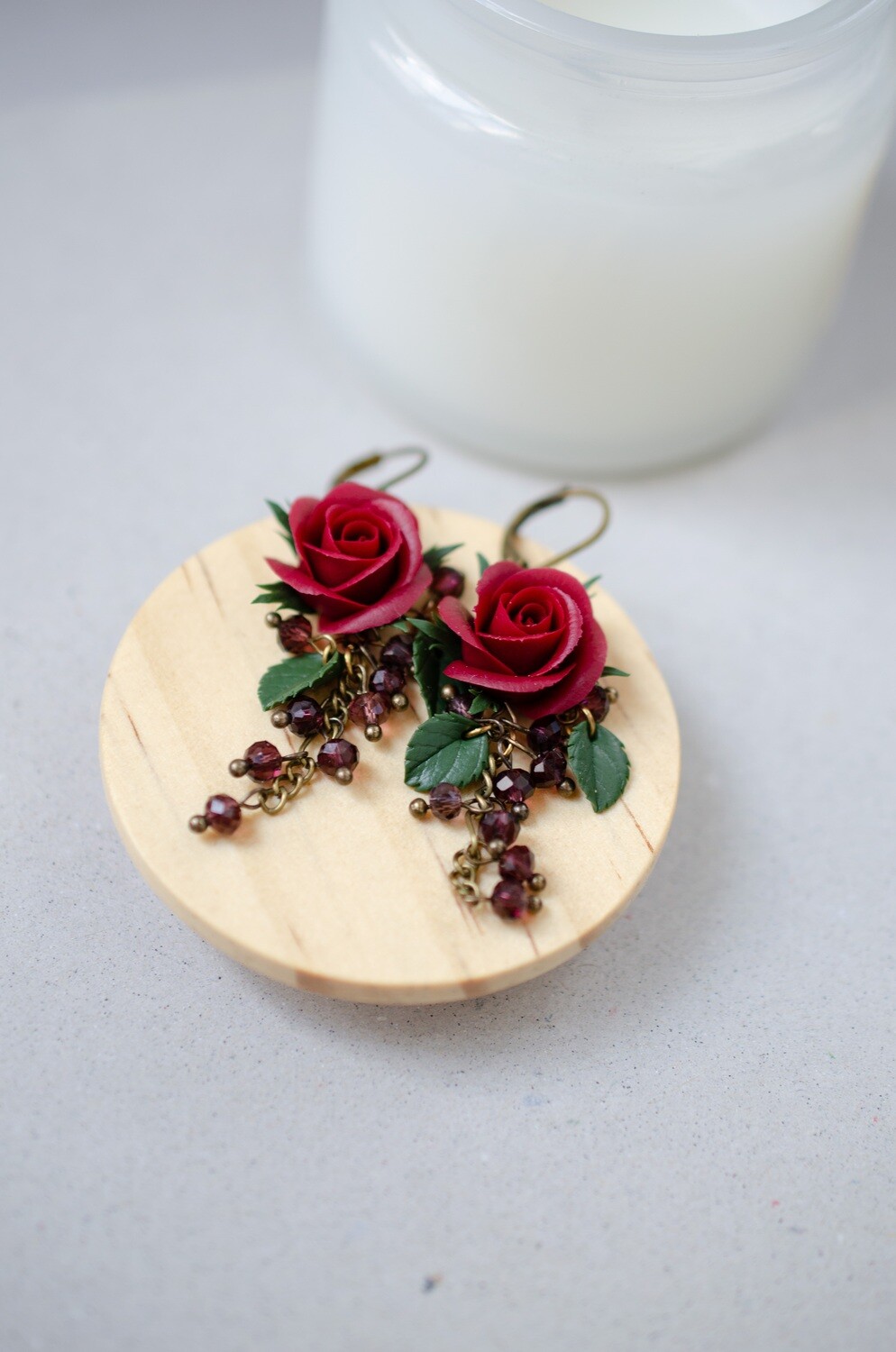 Dark red rose drop earrings, Handmade jewellery gift