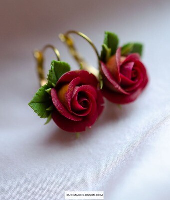 Two-color dark red rose earrings, Jewelry with flowers
