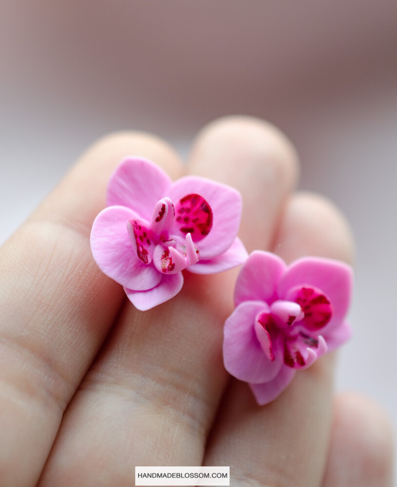 Pink orchid stud earrings, Phalaenopsis flower studs