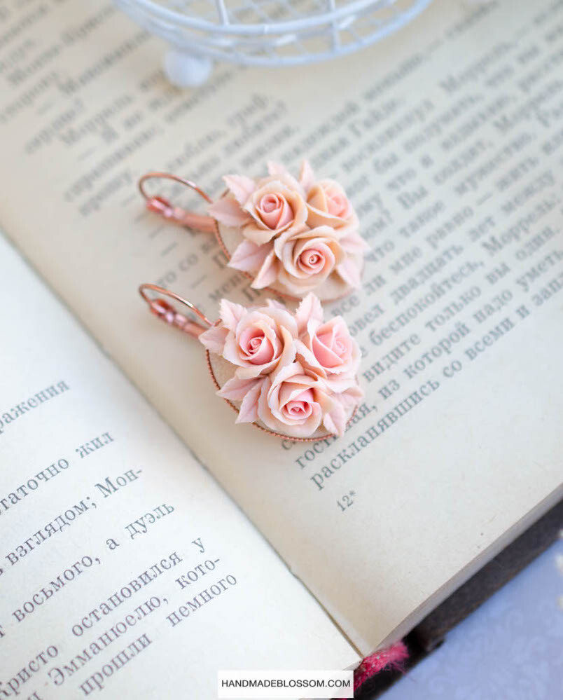 Fine beige rose earrings, Ivory wedding jewelry accessories