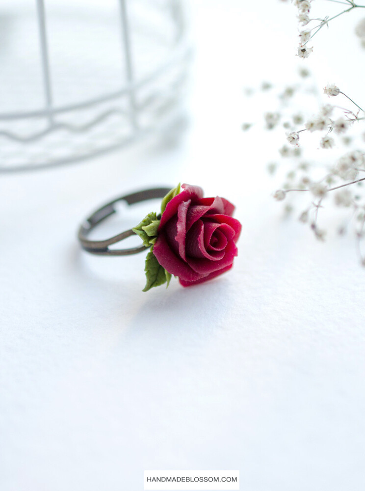 Burgundy rose ring (dark red), Wine flower ring