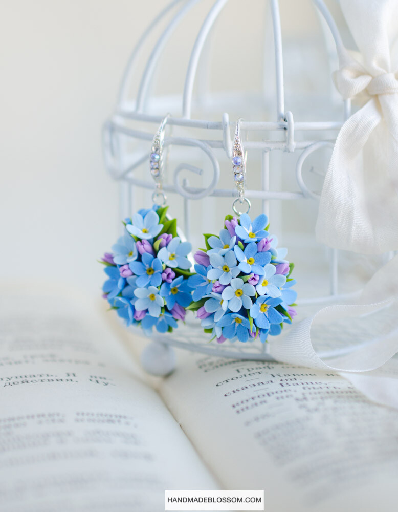 Forget me not earrings, Blue flower, Bridal floral earrings