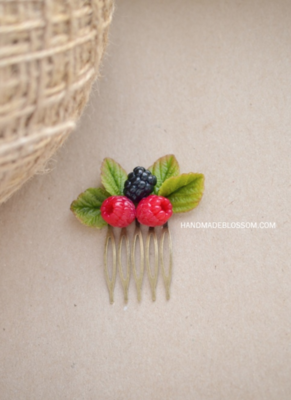 Raspberry hair comb, Rustic wedding hair comb, Berry accessories