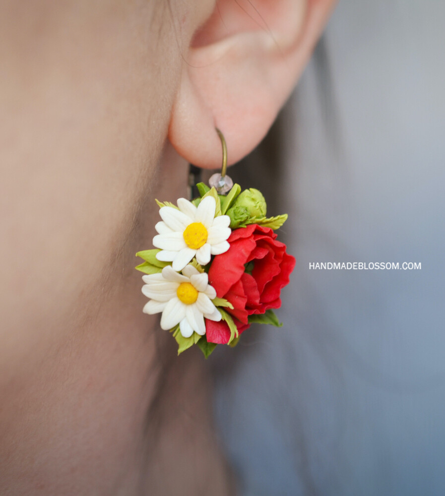 Meadow flowers earrings, Daisy and Poppy red jewelry, White Daisy accessories, White Camomile