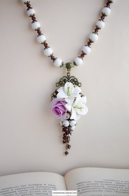 White lily and lilac rose necklace, Handmade flower jewelry