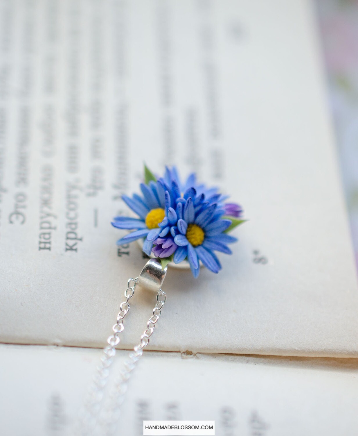 Blue daisy flower necklace, Polymer clay charm, Handmade fine jewelry