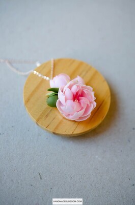 Peach peony necklace, Handmade polymer clay flower jewelry