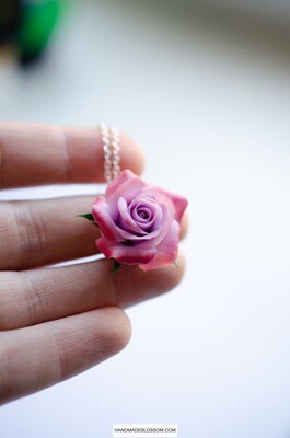 Purple red rose necklace, Polymer clay charm, Handmade fine jewelry