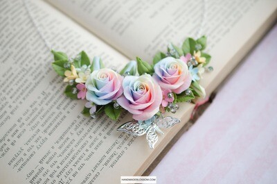 Pastel rainbow rose necklace, Multicolor flower fine jewelry