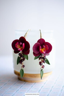 Dark red orchid earrings