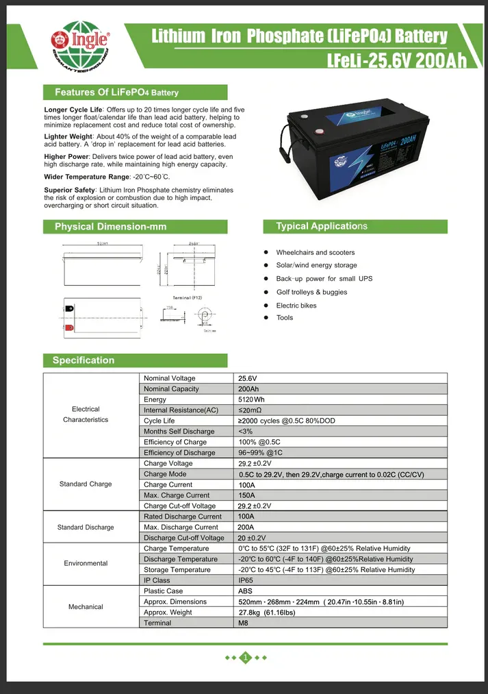 INGLE 25.6V 200AH 5.12kWh Lithium Battery (LiFeP04)