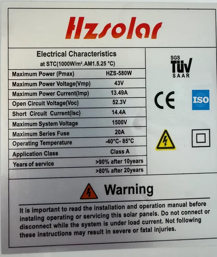580W HZ Solar Mono Crystalline Solar Panel - High Efficiency PV Module